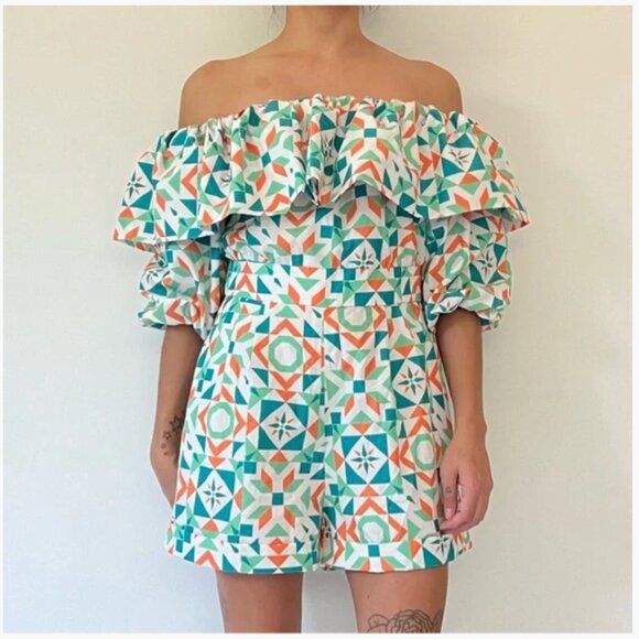 NWT - Silka Fatima Romper Pink Green Geometric Print Off-shoulder Ruffle - Picture 7 of 8